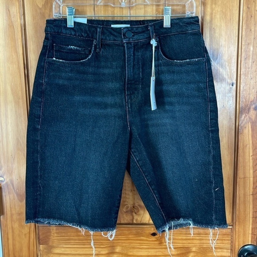 Good American 90s Bermuda Black Denim Jean Shorts Cutoff Frayed Hem 2/26 NWT